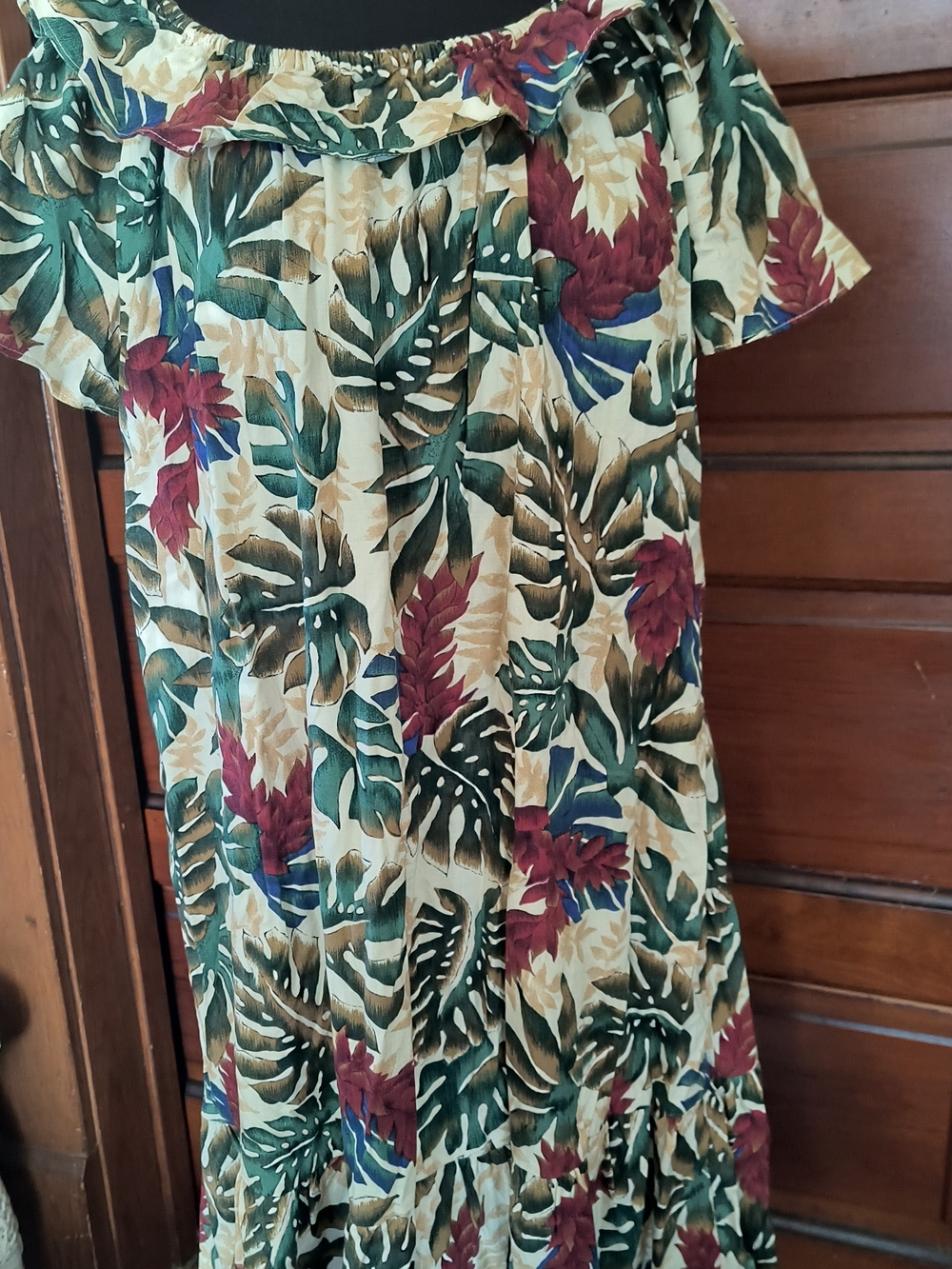 Hilo Hattie Tropical Off-Shoulder Midi Dress in Green, Cream & Burgundy
